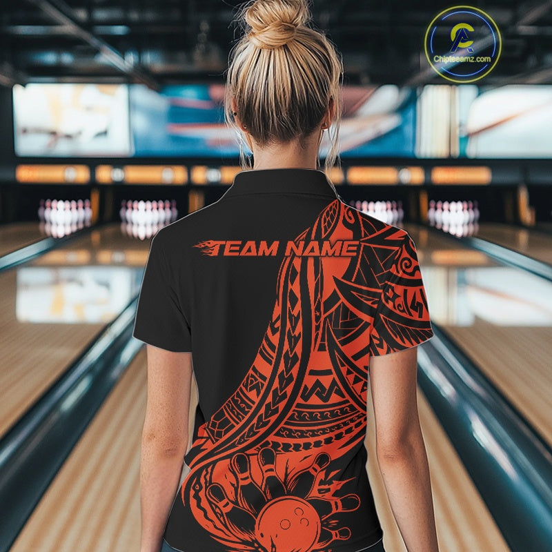 Custom Black And Orange Maori Style Koru Spiral Tribal Women Bowling Polo Team Shirt IPHW10964