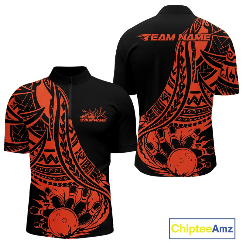 Black and orange bowling quarter zip shirt featuring tribal pattern bowling ball and pin graphics design