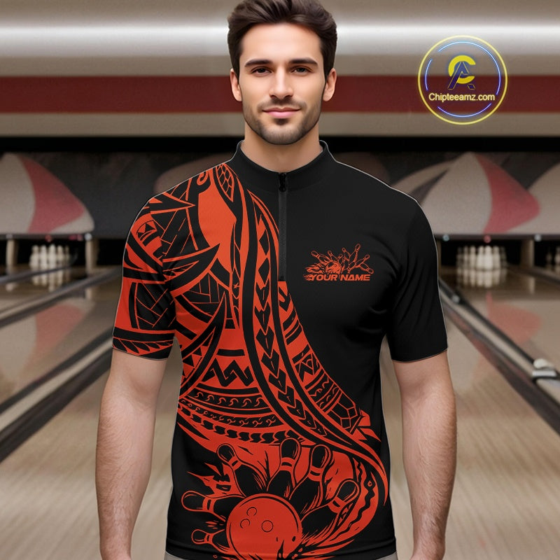 Man wearing a black and red  bowling quarter zip shirt featuring tribal pattern bowling ball and pin graphics design