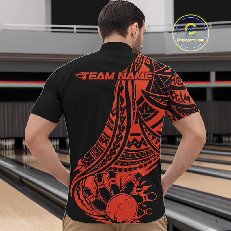 Man wearing a  bowling quarter zip shirt featuring tribal pattern bowling ball and pin graphics design