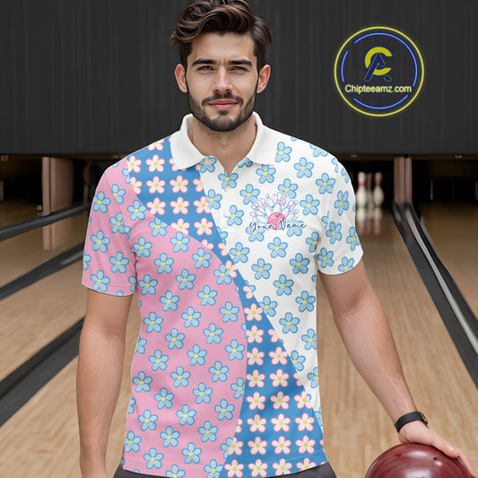 Front view of a male model in a bowling lane wearing a white polo shirt with white, blue and pink floral pattern and elegant sporty graphics.