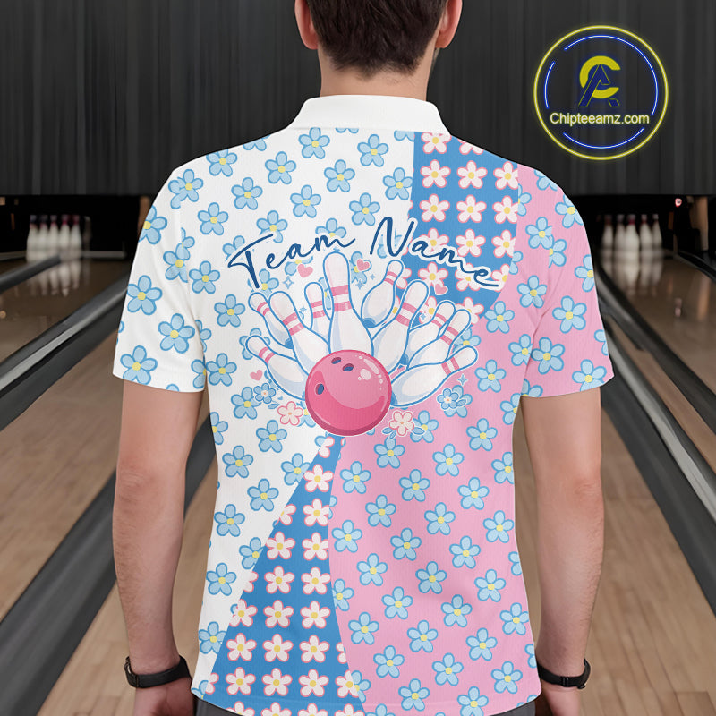 Back view of a male model in a bowling lane wearing a white polo shirt featuring white, blue and pink floral pattern with clean athletic styling.