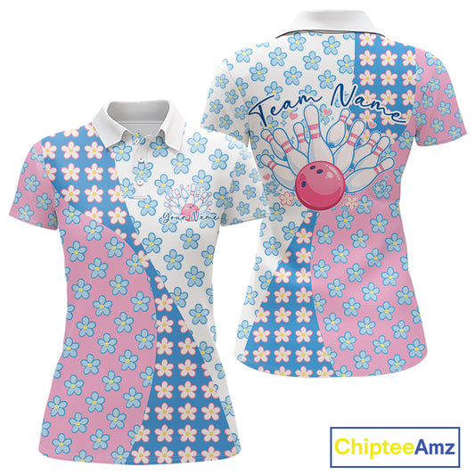 Front and back womens polo shirt mockup, white shirt with white, blue and pink floral pattern, elegant apparel presentation