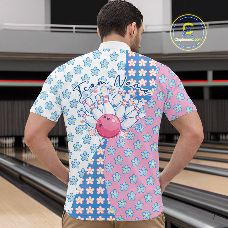 Male model at a bowling lane wearing a quarter zip shirt, front view showcasing white, blue, and pink floral pattern with elegant textile design
