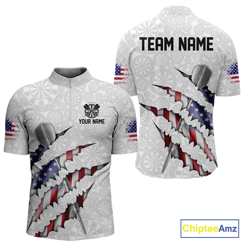 Custom Patriotic Dartboard Dart Men Quarter Zip Shirt With Silver Dart Steel, Dart League Shirt IPHW11637