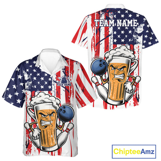 Custom Funny Patriotic Beer Bowling Team Men And Women Button Up Shirt, US Flag Beer Bowling Jersey IPHW12168
