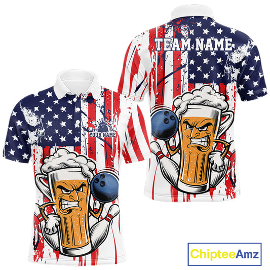 Custom Funny Patriotic Beer Bowling Team Men Polo Shirt, US Flag Beer Bowling Jersey IPHW12168