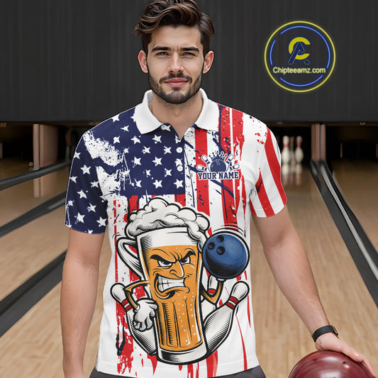 Custom Funny Patriotic Beer Bowling Team Men Polo Shirt, US Flag Beer Bowling Jersey IPHW12168