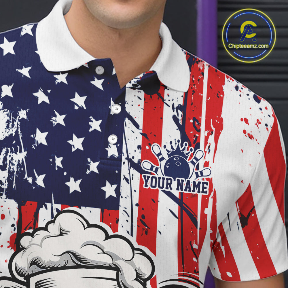 Custom Funny Patriotic Beer Bowling Team Men Polo Shirt, US Flag Beer Bowling Jersey IPHW12168