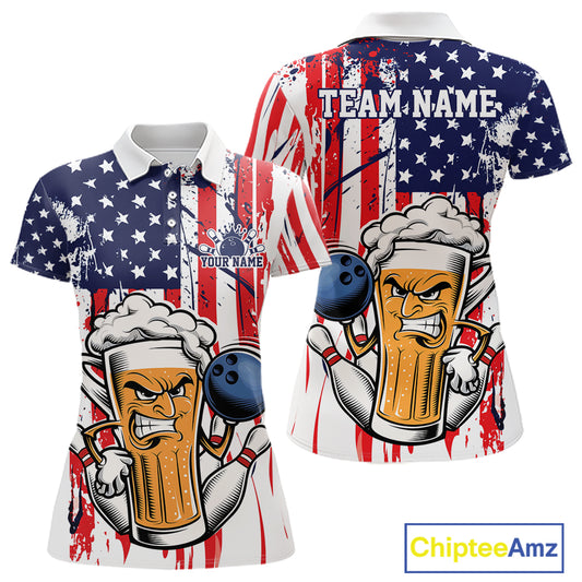 Custom Funny Patriotic Beer Bowling Team Women Polo Shirt, US Flag Beer Bowling Jersey IPHW12168