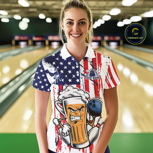 Custom Funny Patriotic Beer Bowling Team Women Polo Shirt, US Flag Beer Bowling Jersey IPHW12168