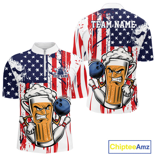 Custom Funny Patriotic Beer Bowling Team Men Quarter Zip Shirt, US Flag Beer Bowling Jersey IPHW12168
