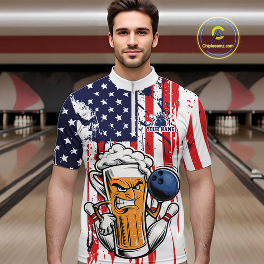 Custom Funny Patriotic Beer Bowling Team Men Quarter Zip Shirt, US Flag Beer Bowling Jersey IPHW12168