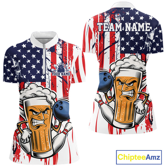 Custom Funny Patriotic Beer Bowling Women Quarter-Zip Shirt, US Flag Beer Bowling Jersey IPHW12168