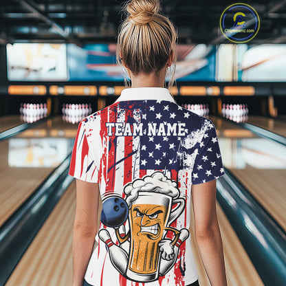 Custom Funny Patriotic Beer Bowling Women Quarter-Zip Shirt, US Flag Beer Bowling Jersey IPHW12168