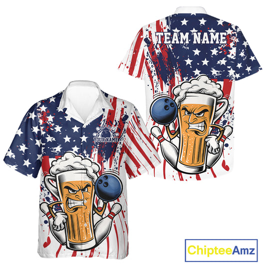 Custom Funny Patriotic Beer Bowling Men And Women Button Up Shirt, American Flag Beer Bowling Jersey IPHW12169