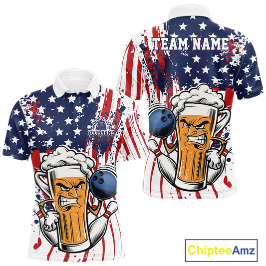 Custom Funny Patriotic Beer Bowling Men Polo Shirt, American Flag Beer Bowling Jersey IPHW12169
