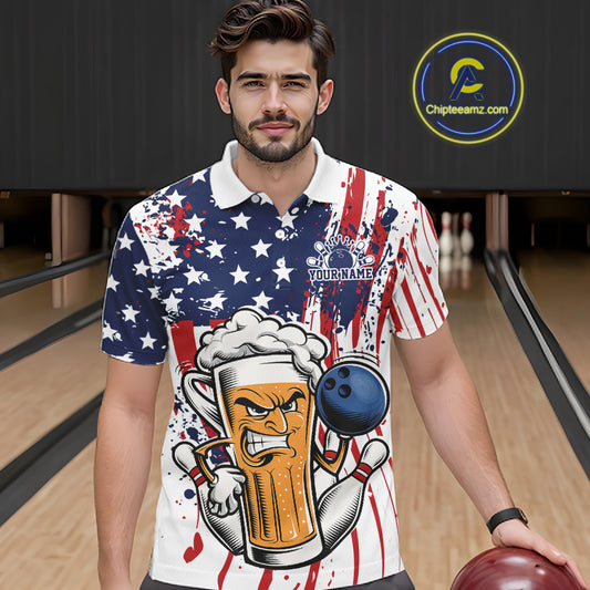 Custom Funny Patriotic Beer Bowling Men Polo Shirt, American Flag Beer Bowling Jersey IPHW12169