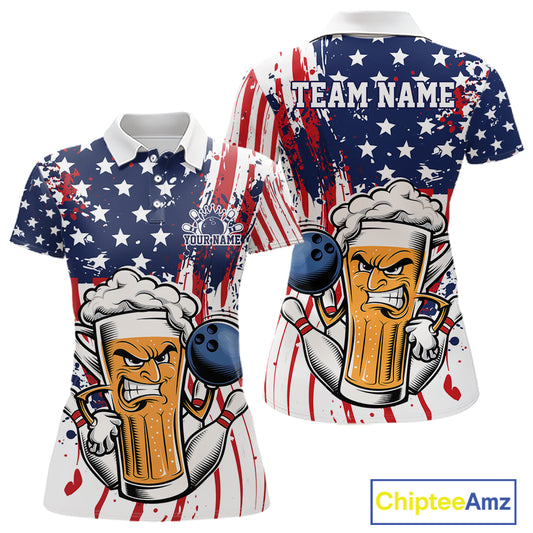 Custom Funny Patriotic Beer Bowling Women Polo Shirt, American Flag Beer Bowling Jersey IPHW12169