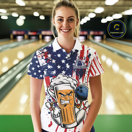 Custom Funny Patriotic Beer Bowling Women Polo Shirt, American Flag Beer Bowling Jersey IPHW12169