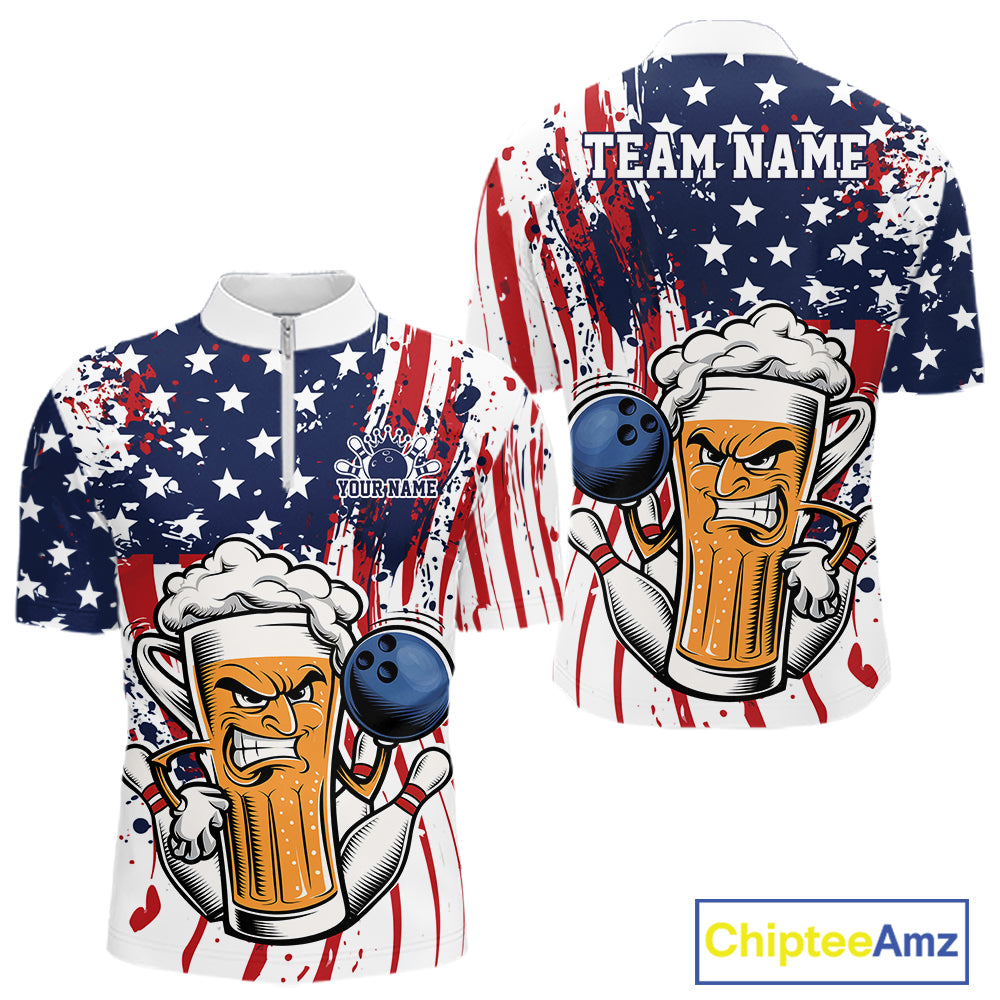 Custom Funny Patriotic Beer Bowling Men Quarter Zip Shirt, American Flag Beer Bowling Jersey IPHW12169