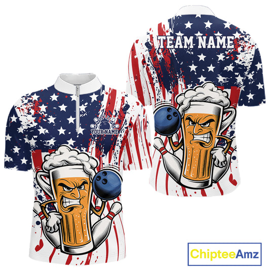 Custom Funny Patriotic Beer Bowling Men Quarter Zip Shirt, American Flag Beer Bowling Jersey IPHW12169