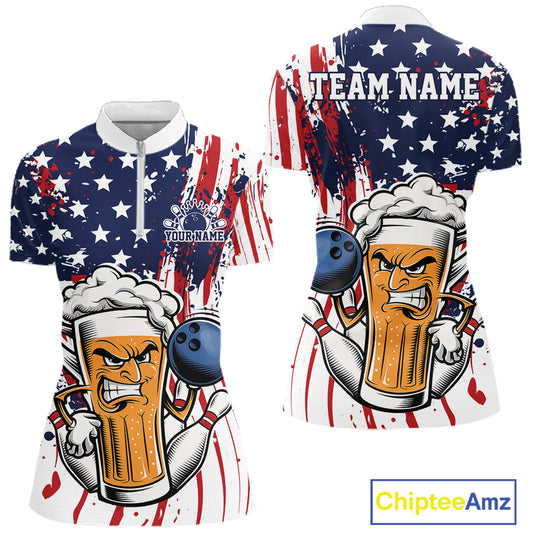 Custom Funny Patriotic Beer Bowling Women Quarter-Zip Shirt, US Flag Bowling Jersey IPHW12169