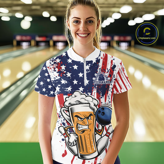 Custom Funny Patriotic Beer Bowling Women Quarter-Zip Shirt, US Flag Bowling Jersey IPHW12169