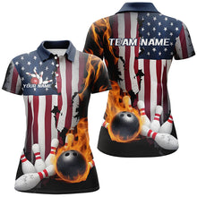 Load image into Gallery viewer, Custom Patriotic Ladies Bowling Team Shirts, US Flag Flame Bowling League Shirt IPHW7726