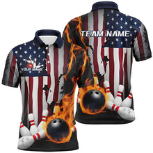 Load image into Gallery viewer, Flaming Bowling Ball Custom Patriotic Bowling Team Shirts For Men, US Flag Bowling League Shirt IPHW7726