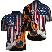 Load image into Gallery viewer, Flaming Bowling Ball Custom Patriotic Bowling Team Shirts For Men, US Flag Bowling League Shirt IPHW7726