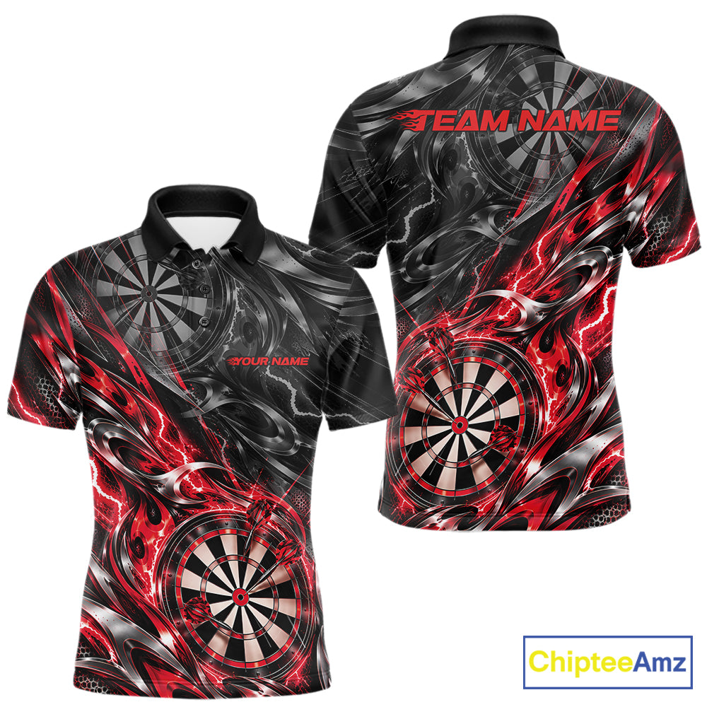 Custom Black And Red Flame Dart Team Men Polo Shirt, Dart League Jersey IPHW12601