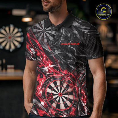 Custom Black And Red Flame Dart Team Men Polo Shirt, Dart League Jersey IPHW12601