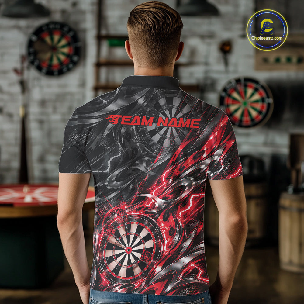 Custom Black And Red Flame Dart Team Men Polo Shirt, Dart League Jersey IPHW12601