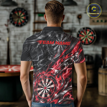 Custom Black And Red Flame Dart Team Men Polo Shirt, Dart League Jersey IPHW12601