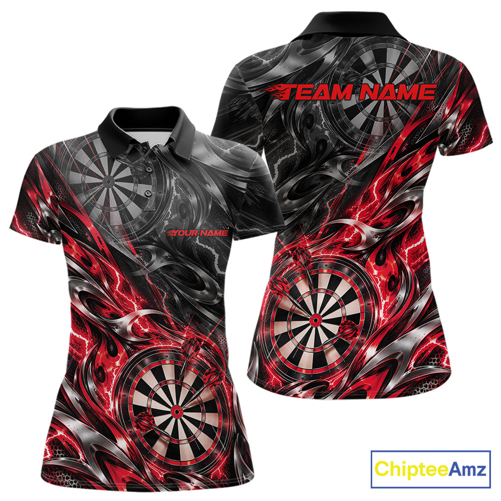 Custom Black And Red Flame Dart Team Women Polo Shirt, Dart League Jersey IPHW12601