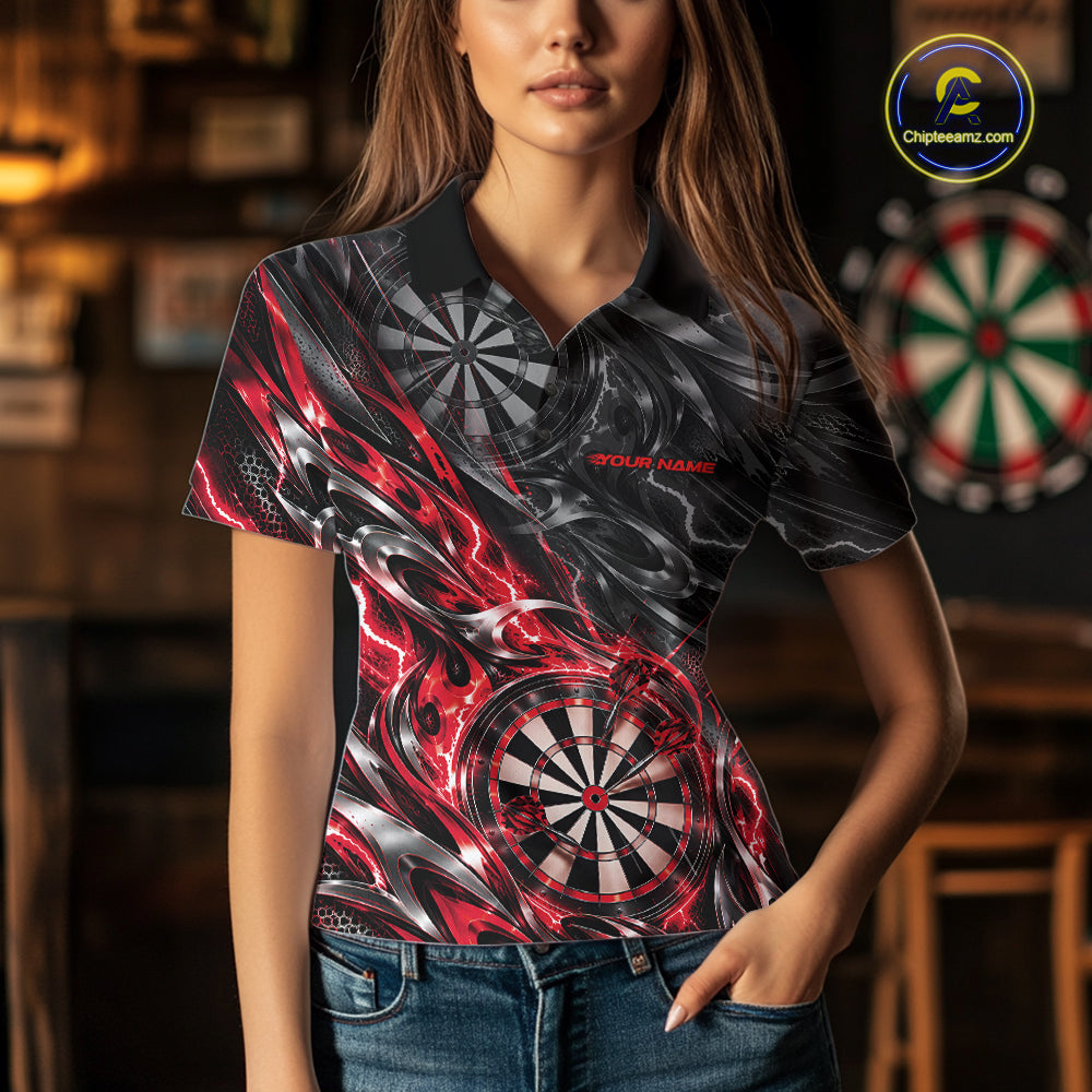 Custom Black And Red Flame Dart Team Women Polo Shirt, Dart League Jersey IPHW12601