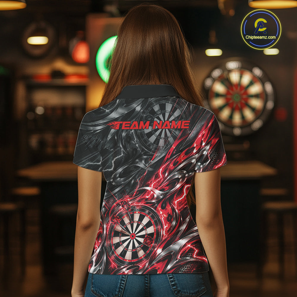 Custom Black And Red Flame Dart Team Women Polo Shirt, Dart League Jersey IPHW12601