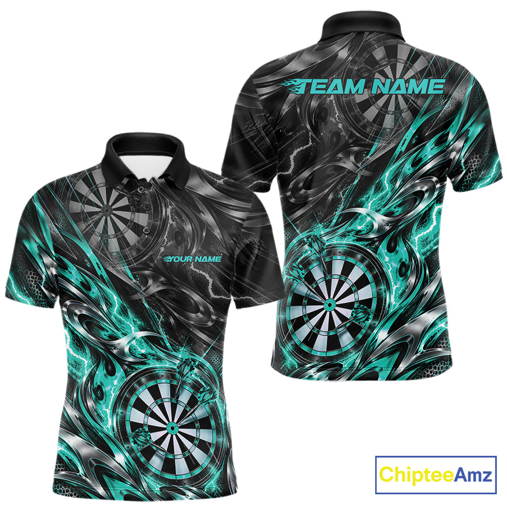Custom Black And Turquoise Flame Dart Team Men Polo Shirt, Dart League Jersey IPHW12602