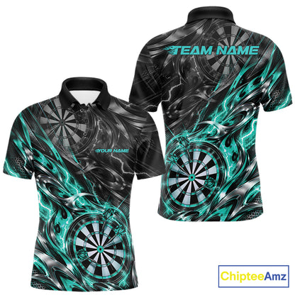Custom Black And Turquoise Flame Dart Team Men Polo Shirt, Dart League Jersey IPHW12602