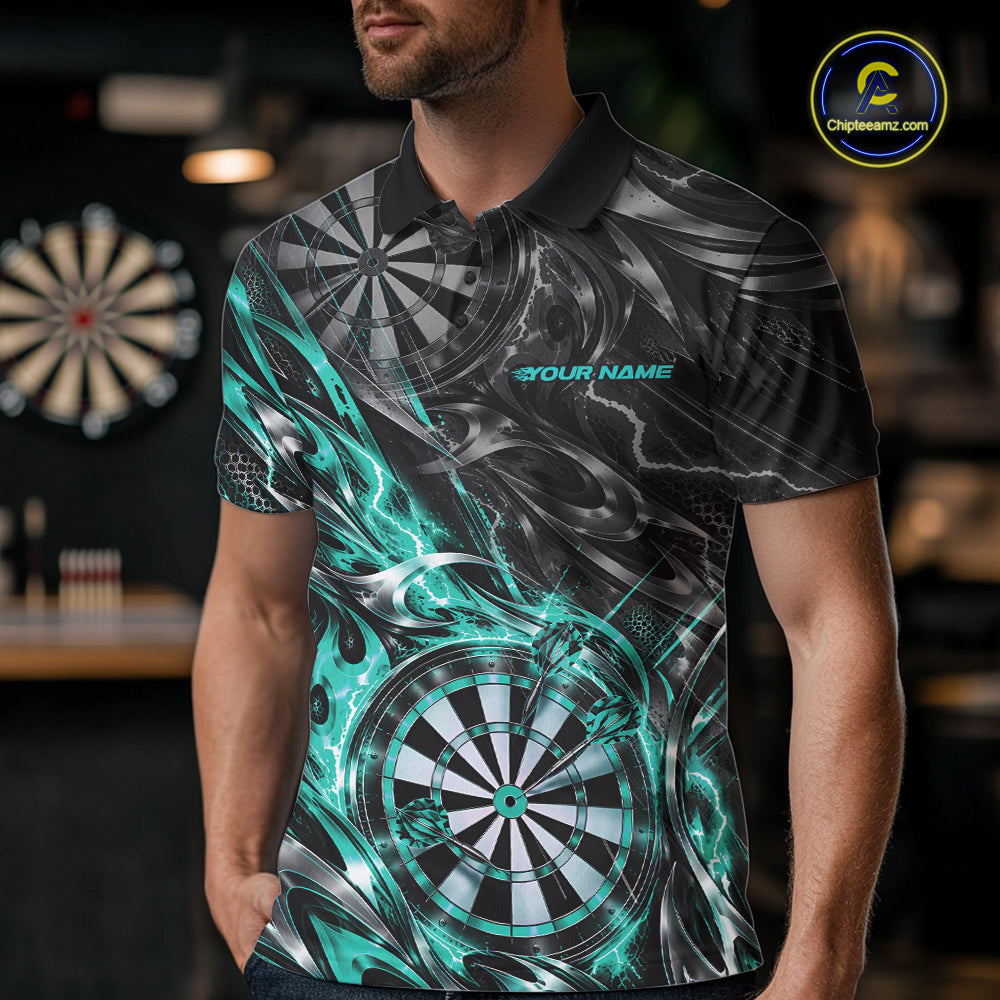 Custom Black And Turquoise Flame Dart Team Men Polo Shirt, Dart League Jersey IPHW12602