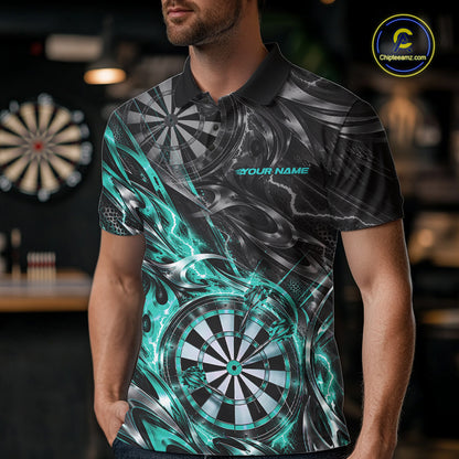 Custom Black And Turquoise Flame Dart Team Men Polo Shirt, Dart League Jersey IPHW12602