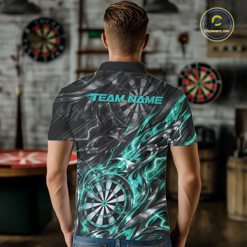 Custom Black And Turquoise Flame Dart Team Men Polo Shirt, Dart League Jersey IPHW12602