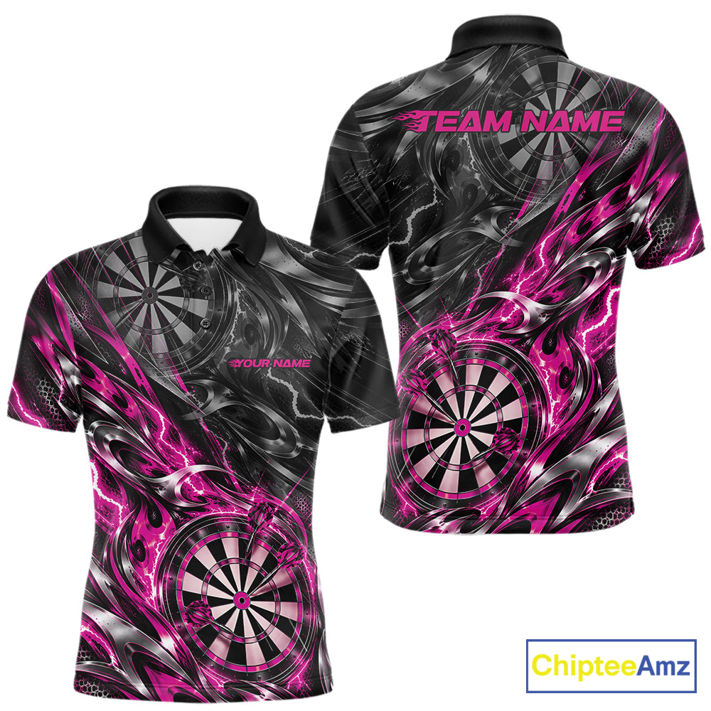 Custom Black And Pink Flame Dart Team Men Polo Shirt, Dart League Jersey IPHW12603