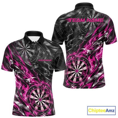 Custom Black And Pink Flame Dart Team Men Polo Shirt, Dart League Jersey IPHW12603