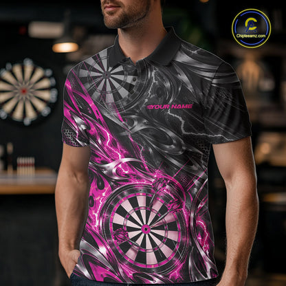 Custom Black And Pink Flame Dart Team Men Polo Shirt, Dart League Jersey IPHW12603
