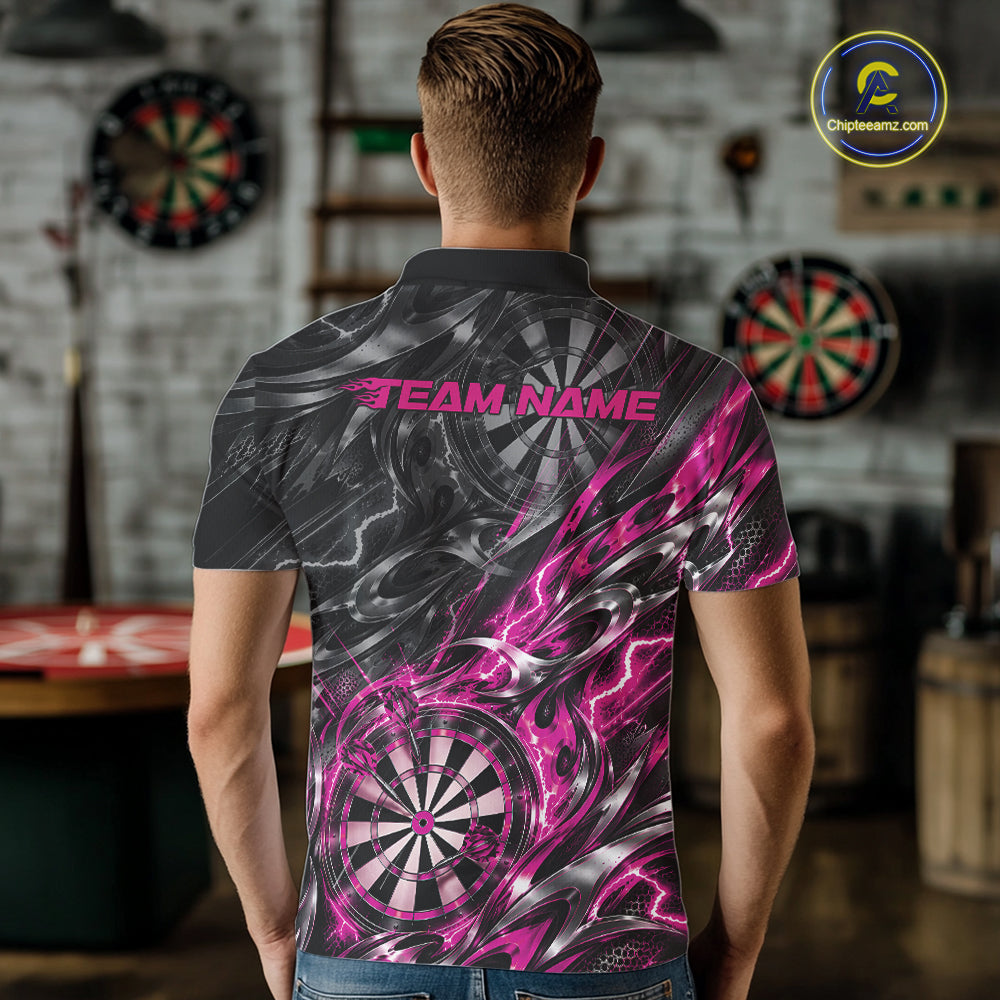 Custom Black And Pink Flame Dart Team Men Polo Shirt, Dart League Jersey IPHW12603