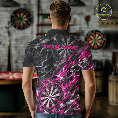 Custom Black And Pink Flame Dart Team Men Polo Shirt, Dart League Jersey IPHW12603