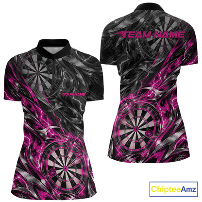 Custom Black And Pink Flame Dart Team Women Quarter-Zip Shirt, Dart League Jersey IPHW12603