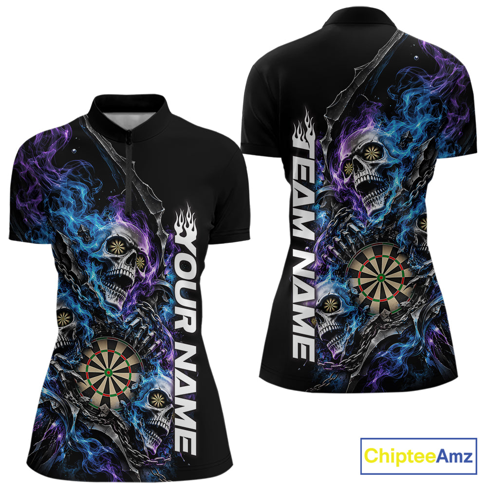 Custom Blue And Purple Flame Skull Dart Team Women Quarter-Zip Shirt, Halloween Outfit IPHW12608
